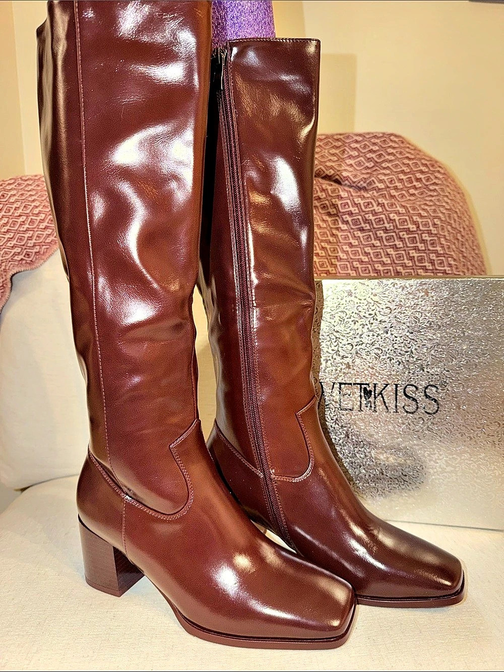 WEEKISS Women's Burgundy Brown Square-Toe Heeled Boots New